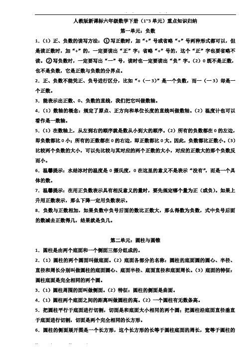 人教版新课标六年级数学下册(1-3单元)重点知识归纳