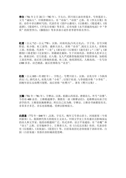 杜牧、王维、白居易、杜甫和李白的资料