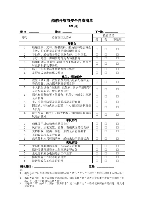船舶开航前安全自查清单(危险品船、油船、液货船)