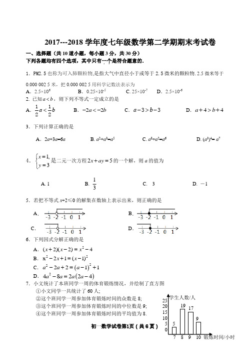 2017---2018学年度人教版初一数学第二学期期末考试卷及答案