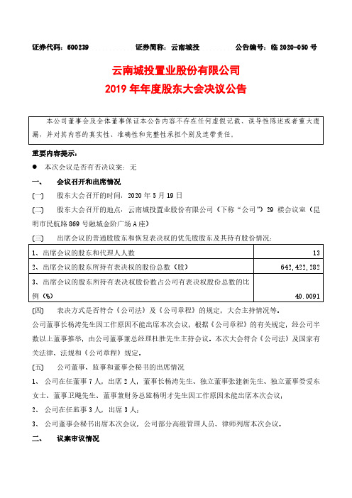 云南城投：2019年年度股东大会决议公告