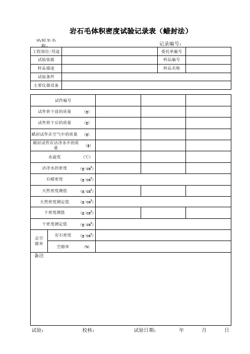 岩石毛体积密度试验记录表(蜡封法)
