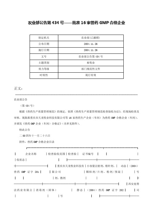 农业部公告第434号——批准16家兽药GMP合格企业-农业部公告第434号