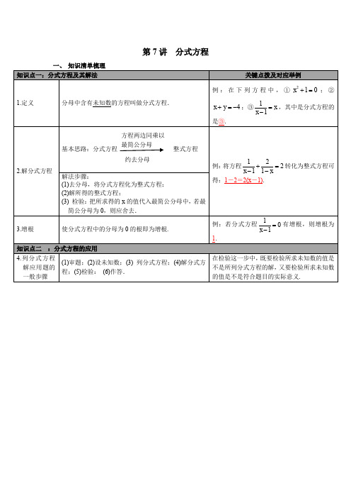 北师大版九年级数学下册 第7讲 分式方程 知识点梳理