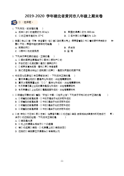 2019-2020 学年湖北省黄冈市八年级上期末卷