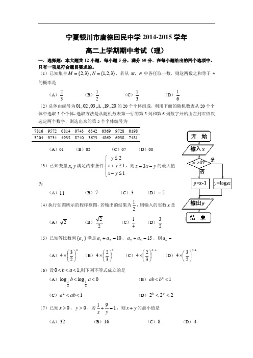 数学上学期期中试题-川市唐徕回民中学2014-2015学年高二上学期期中考试数学试题及答案(理)