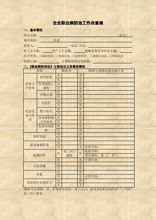 企业职业病防治工作自查表