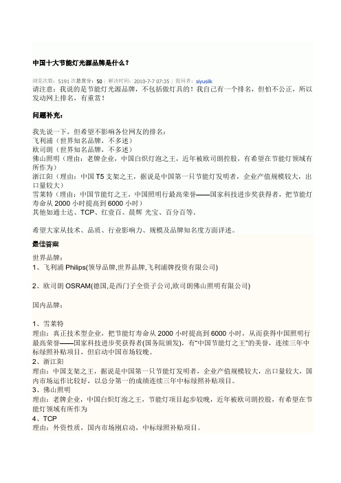 中国十大节能灯光源品牌