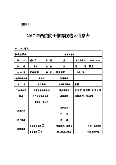 2017年两院院士推荐候选人信息表