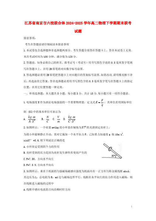 江苏省南京市六校联合体2024_2025学年高二物理下学期期末联考试题