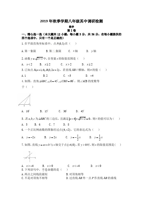 广西省崇左市天等县2019-2020学年八年级上学期期中调研检测数学试题