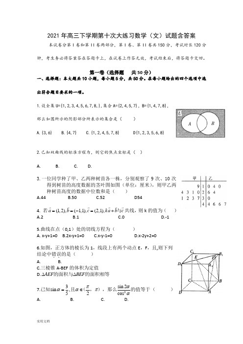 2021-2022年高三下学期第十次大练习数学(文)试题含答案