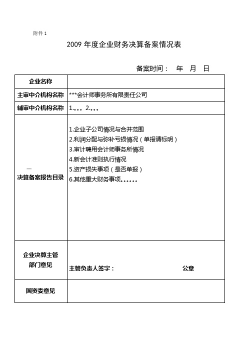2009年度企业财务决算备案情况表