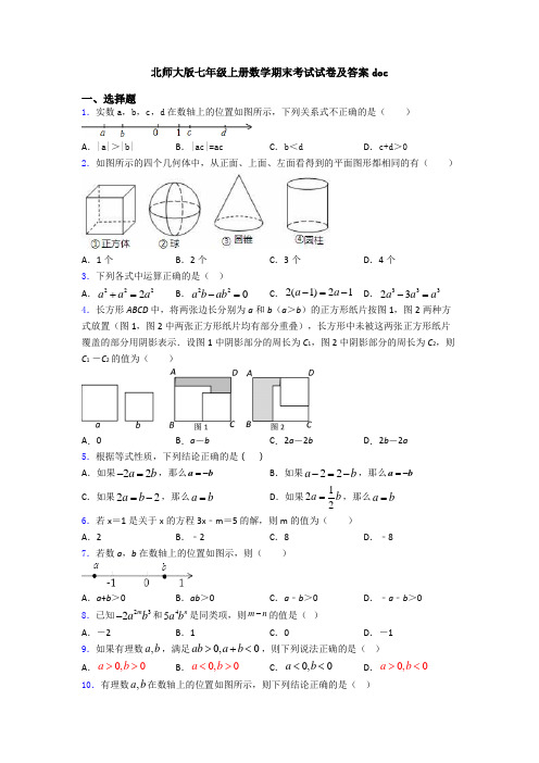 北师大版七年级上册数学期末考试试卷及答案doc