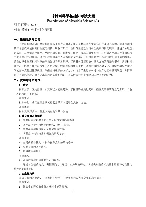 2017年西安理工大学803材料科学基础考研大纲硕士研究生入学考试大纲
