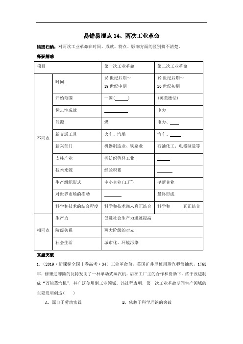 2020高考历史易错易混点：14两次工业革命(原卷版)