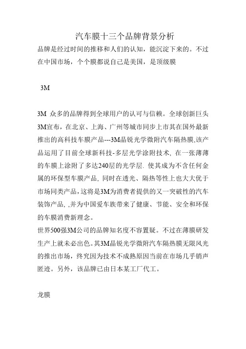 汽车膜十三个品牌背景分析