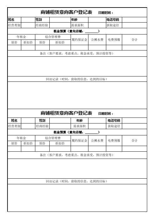 商铺租赁意向客户登记表