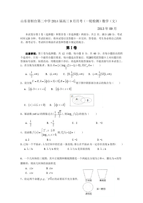 山东省桓台第二中学2014届高三9月月考(一轮检测)数学(文)试题Word版含答案