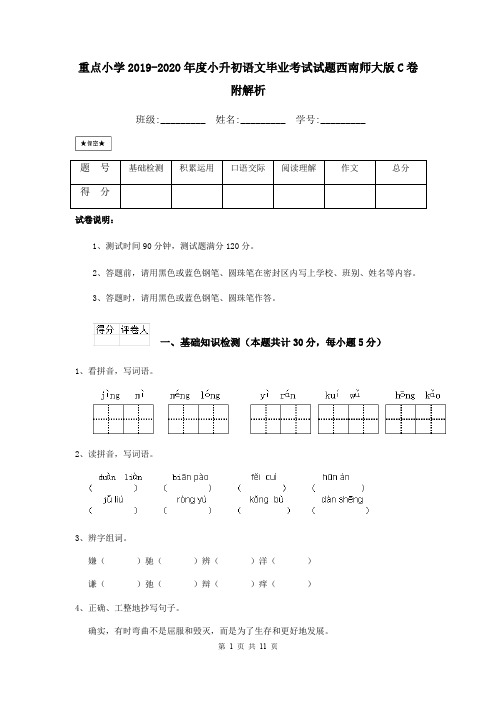 重点小学2019-2020年度小升初语文毕业考试试题西南师大版C卷 附解析