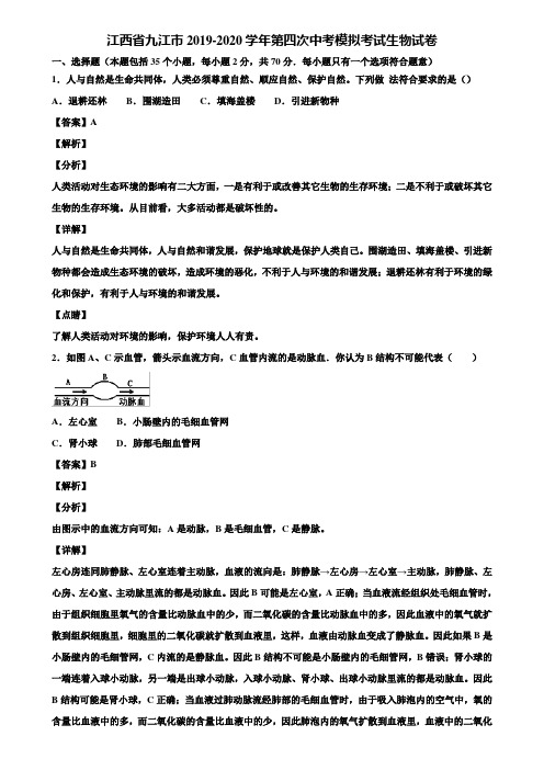 江西省九江市2019-2020学年第四次中考模拟考试生物试卷含解析