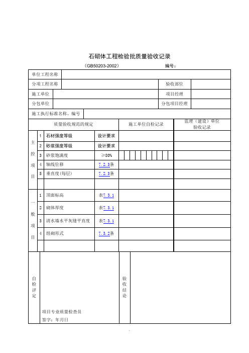 【管理精品】石砌体工程检验批质量验收记录