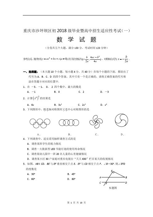 重庆市沙坪坝区初2018级毕业暨高中招生适应性考试