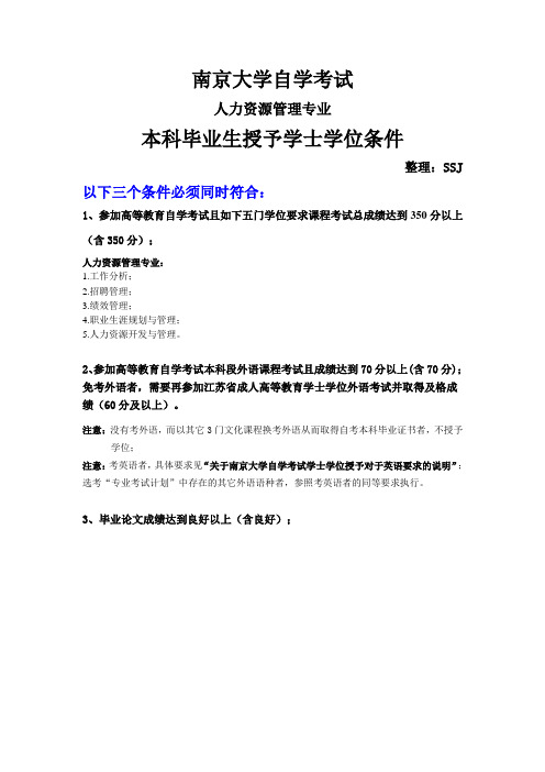 南大人力资源管理专业学士学位要求