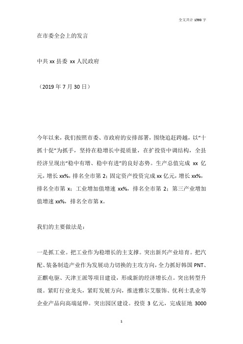 县政府领导在2019年下半年市委全会上的汇报发言