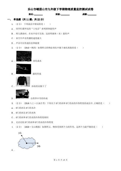 乐山市峨眉山市九年级下学期物理质量监控测试试卷