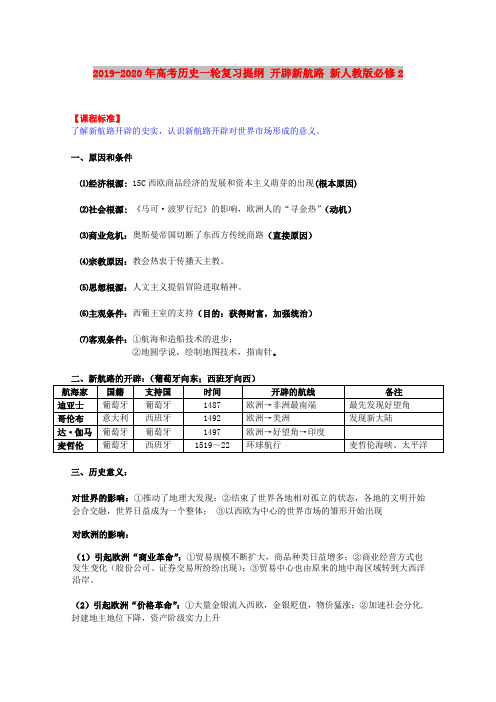2019-2020年高考历史一轮复习提纲 开辟新航路 新人教版必修2