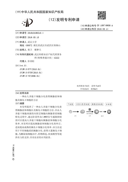 【CN109749986A】一种由人多能干细胞分化获得胰腺前体细胞及胰岛β细胞的方法【专利】