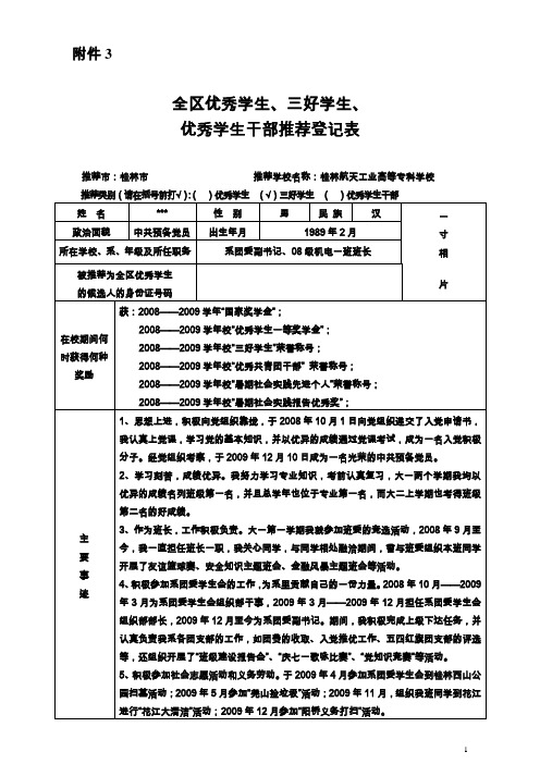 全区三好学生、优秀学生干部推荐登记表