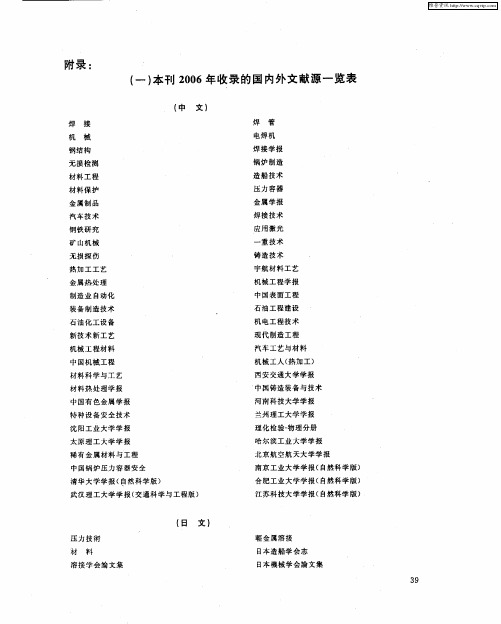 (一)本刊2006年收录的国内外文献源一览表