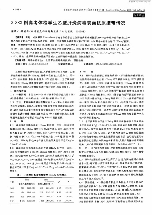 3383例高考体检学生乙型肝炎病毒表面抗原携带情况