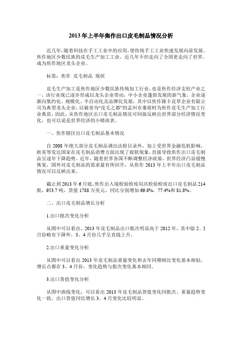 2013年上半年焦作出口皮毛制品情况分析
