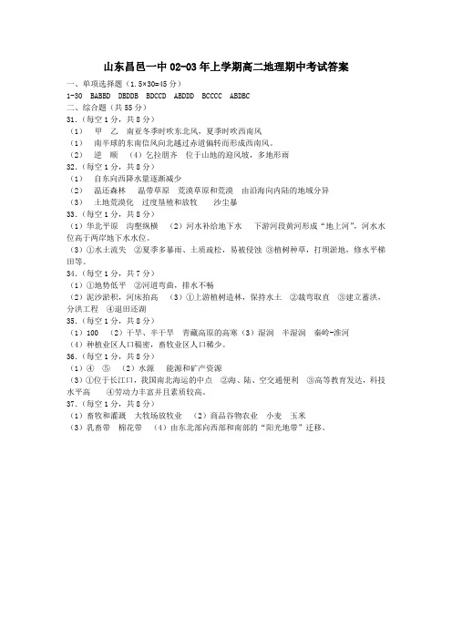 山东昌邑一中0203年上学期高二地理期中考试答案