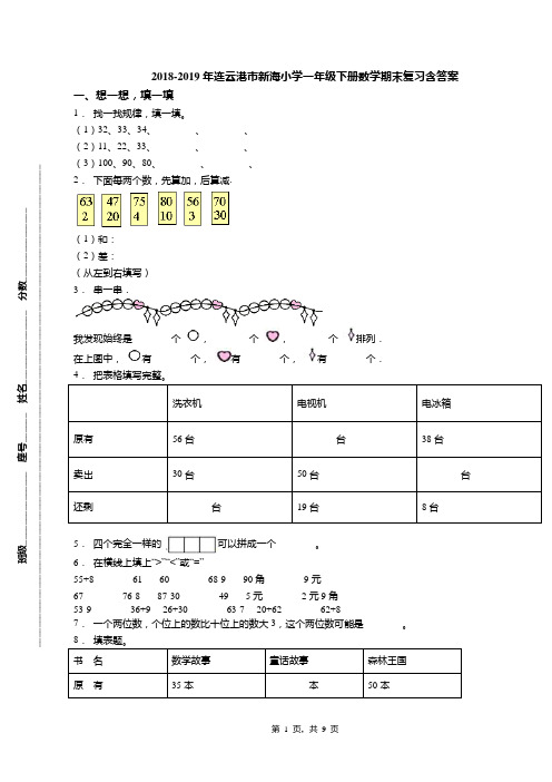 2018-2019年连云港市新海小学一年级下册数学期末复习含答案