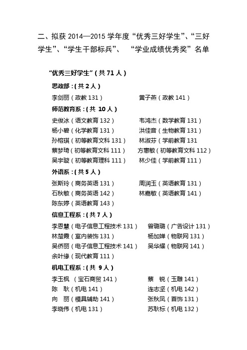 拟获20142015度优秀三好学生三好学生