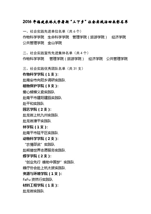 2016年福建农林大学暑期三下乡社会实践活动表彰名单