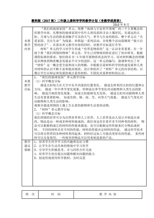 教科版小学科学二年级【上册】科教学计划(含教学进度表)详解