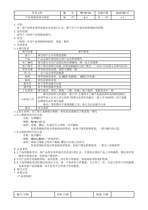 产品明细表填写规范