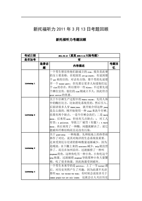 新托福听力2011年3月13日考题回顾