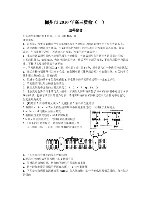 (理综)梅州市2010年高三质检