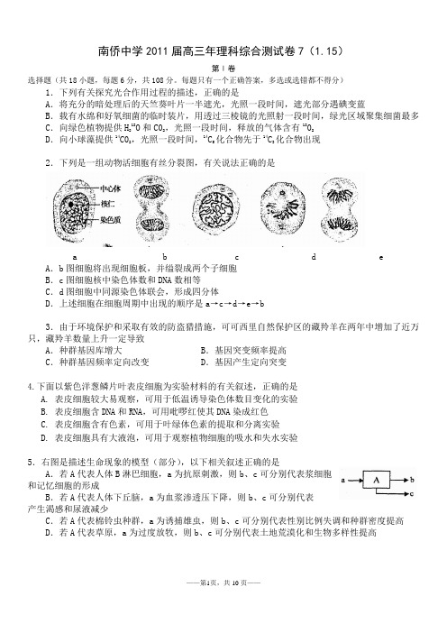 南侨中学2011届高三年理科综合测试卷7-2011 1 15