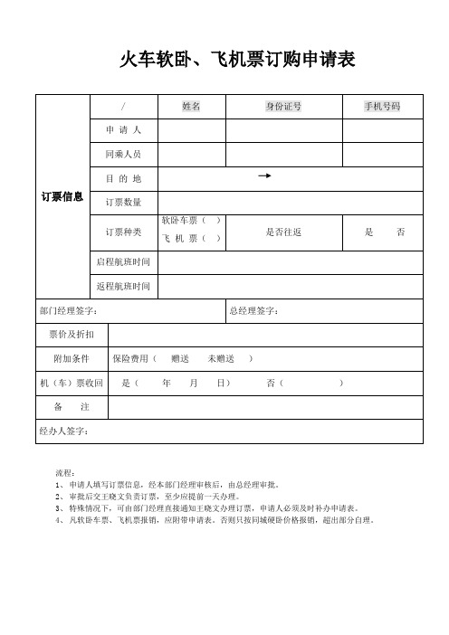 火车软卧+、飞机票订购申请表