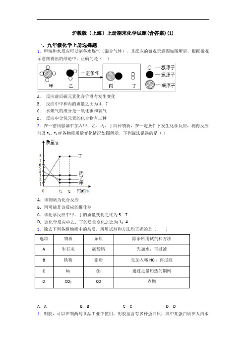 沪教版(上海)初三化学上册期末化学试题(含答案)(1)