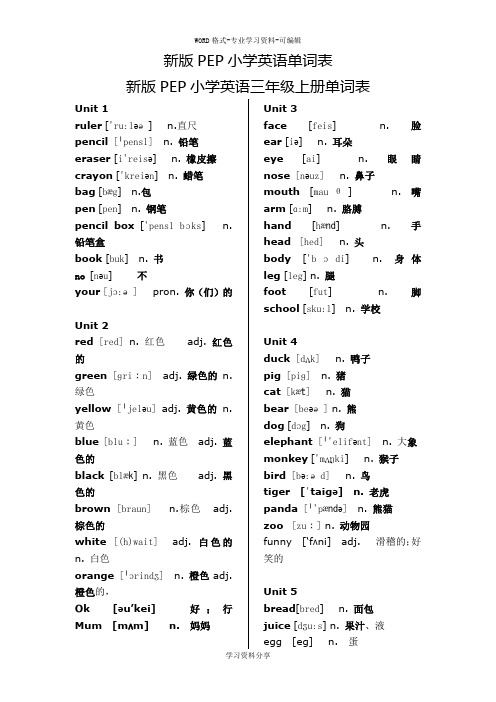 (完整版)新版PEP小学英语单词表