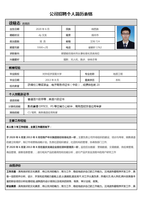 公司招聘个人简历表格