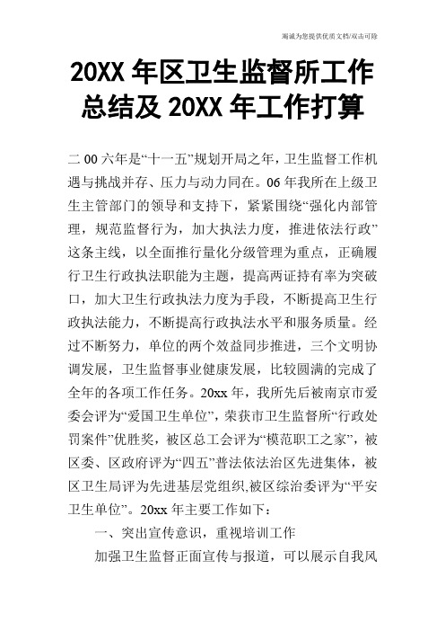 20XX年区卫生监督所工作总结及20XX年工作打算